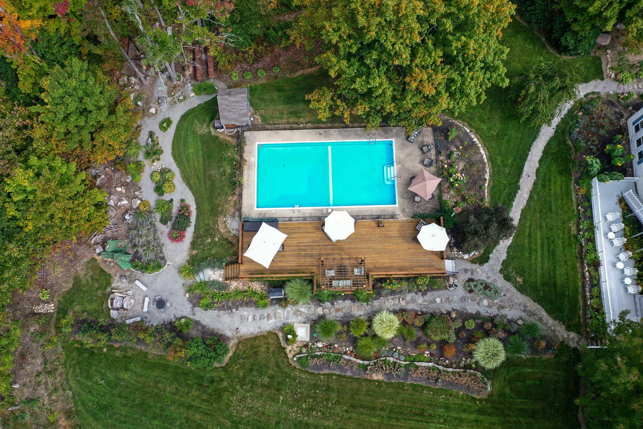 Aerial View of Pool and Gardens